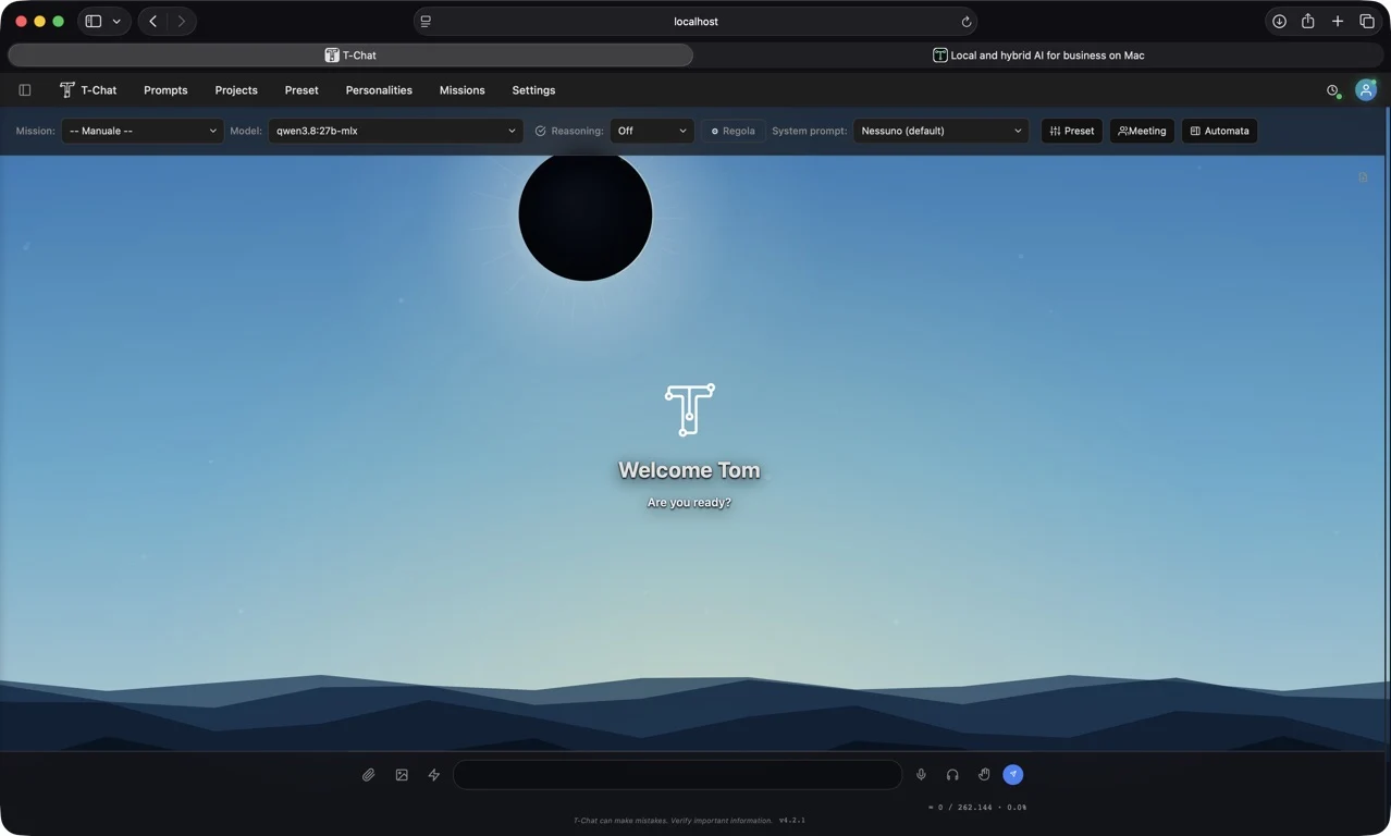 The T-Chat 4.2.1 home screen on a monitor connected to a Mac Studio