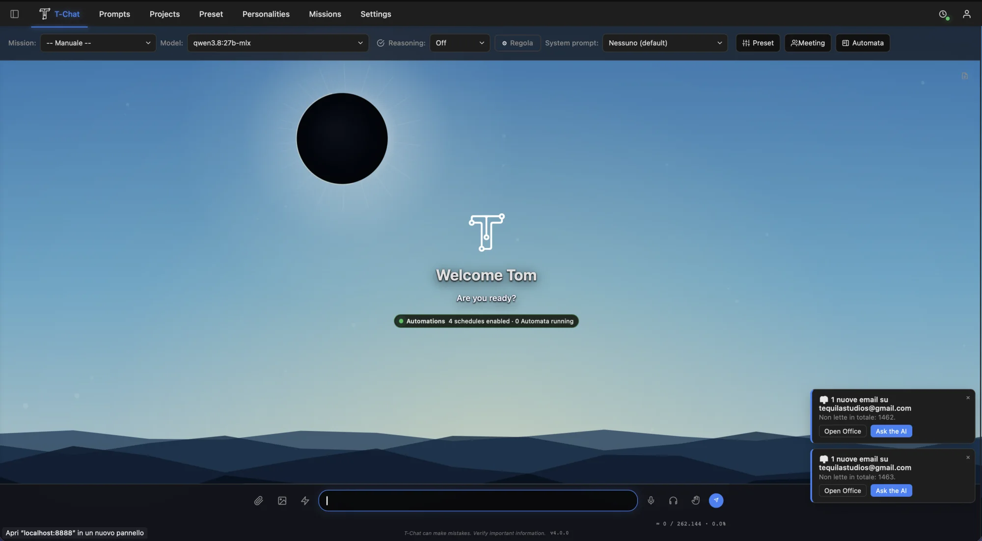 T-Chat desktop interface with Eclypse background, model controls, automation and input bar