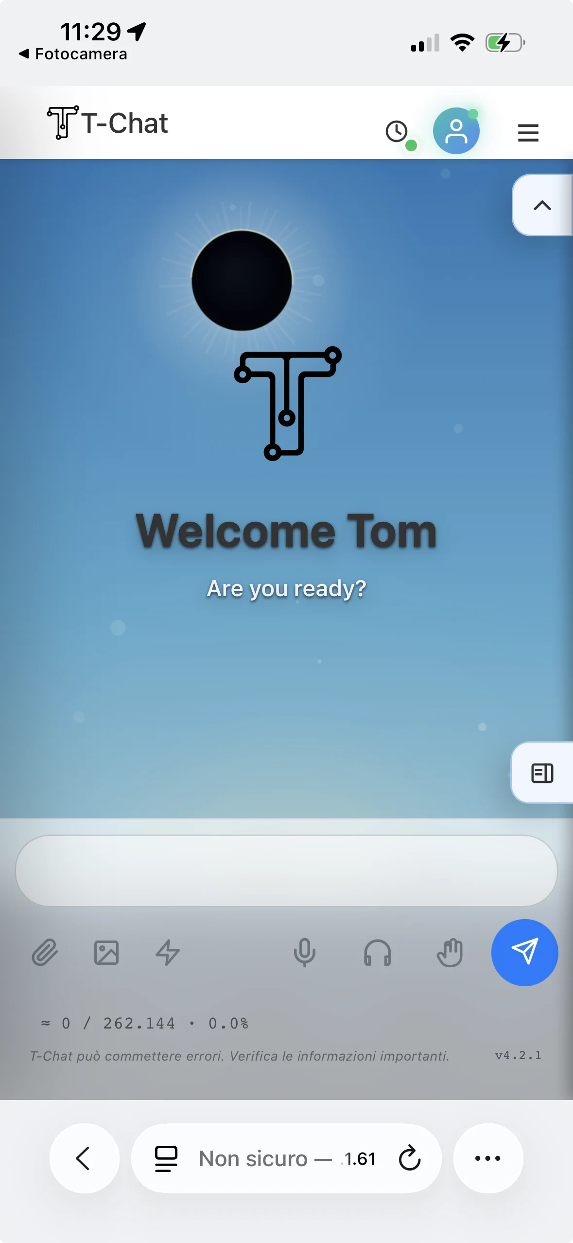 The T-Chat home screen on a smartphone connected through Nearby to the Mac’s private network