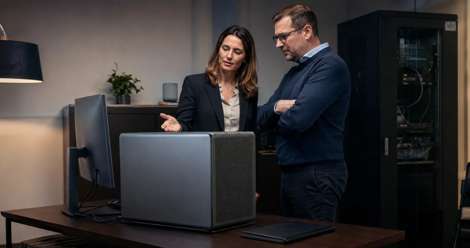 Business leaders review local AI infrastructure in a protected environment