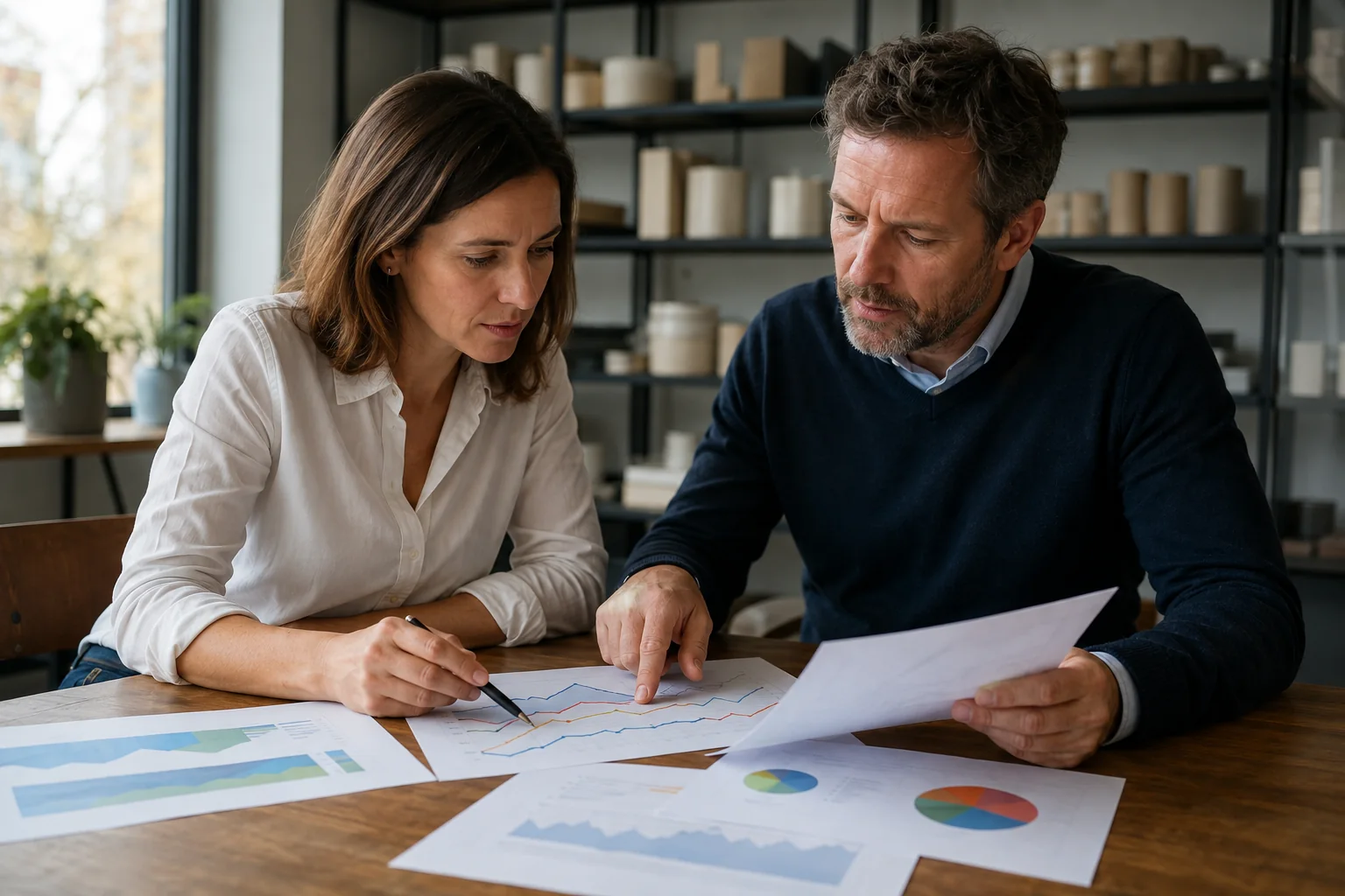 Two analysts examine time series and forecasting scenarios together